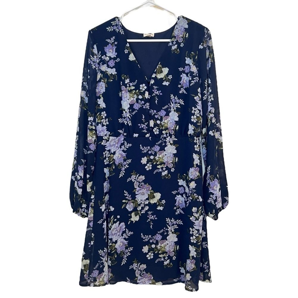 Mason & Belle Women’s navy Floral sheer Long Sleeve Dress. Size large. NWOT